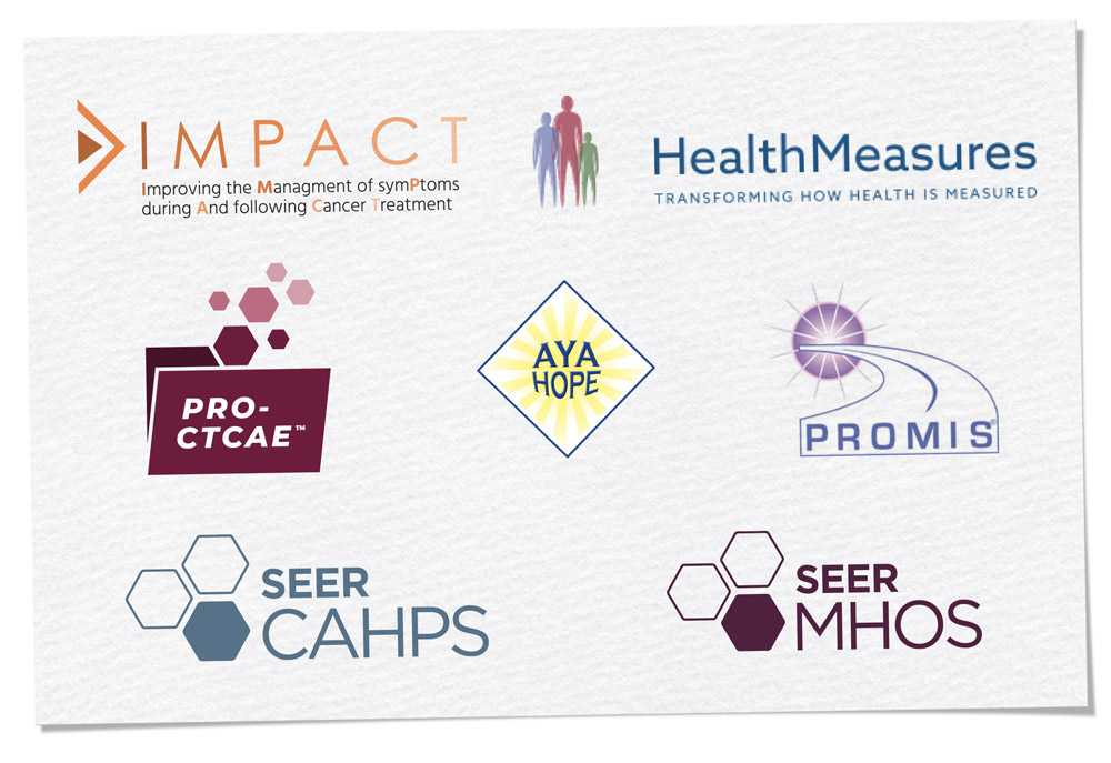 Image displaying logos of seven partner organizations. From top left to bottom right: 'IMPACT - Improving the Management of symPtoms during And following Cancer Treatment logo. HealthMeasures - Transforming How Health is Measured logo. Pro-CTCAE(TM) logo. AYAHOPE logo. PROMIS logo. SEER CAHPS logo. SEER MHOS logo.'