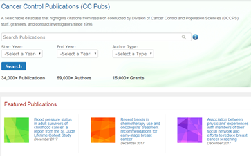 Sceenshot of the Cancer Control Publications (CC Pubs) website homepage