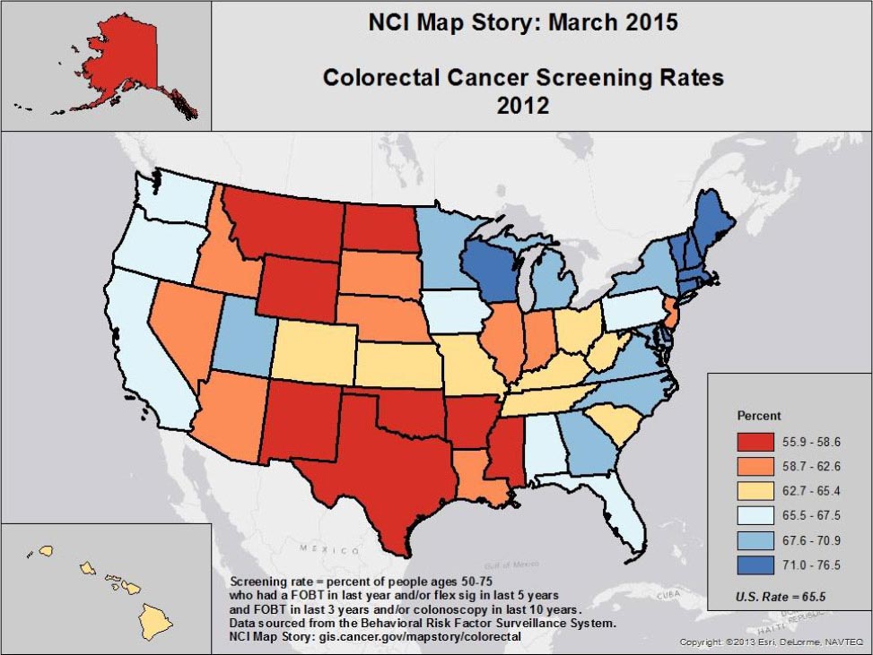 NCI Map Story: March 2015. Colorectal Cancer Screening Rates 2012