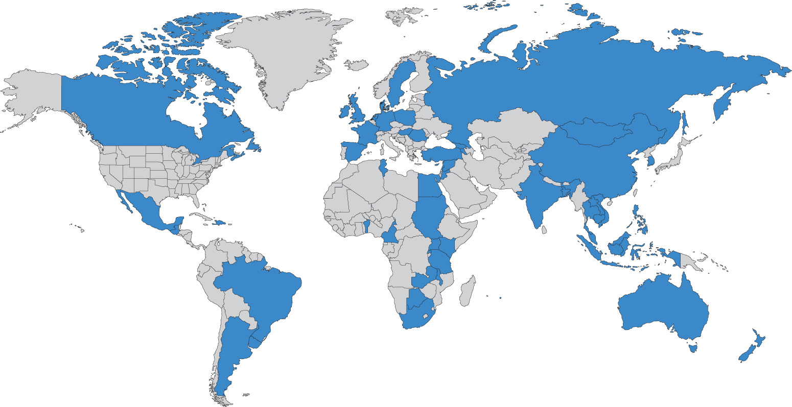 World map with over 40 countries highlighted in blue. NCI has supported tobacco control research grants in more than 40 countries around the world.