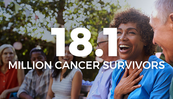 Silhouette of a group of people with text saying “16.9 million cancer survivors.”