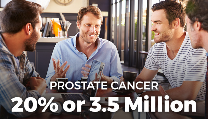 Four men sitting at a table with a laptop and coffee with text “Prostate cancer 22 percent or 3.5 million.”