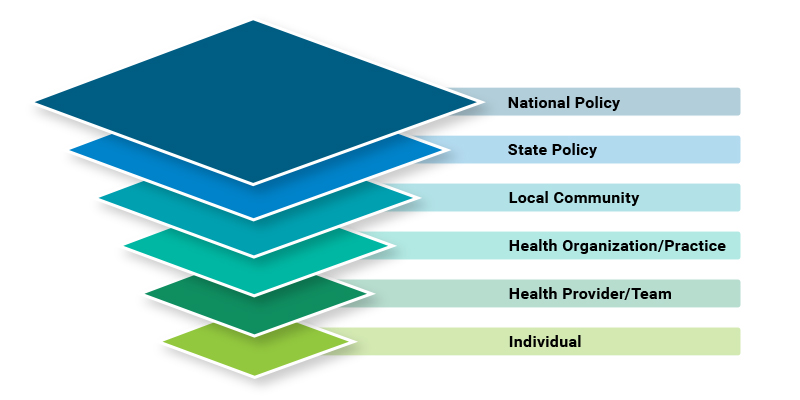 Health disparities focus area levels, including national policy, state policy, local community, health organization/practice, health provider/team, and individual