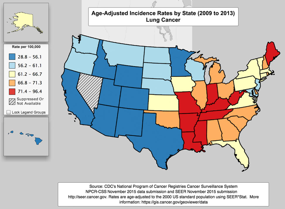 Age-Adjusted Incident Rates by State (2009 to 2013) Lung Cancer
