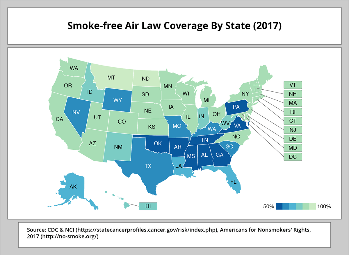 Smoke-free Air Law Coverage By State (2017). Source: CDC & NCI (https://statecancerprofiles.cancer.gov/risk/index.php), Americans for Nonsmokers’ Rights, 2017 (https://no-smoke.org/)