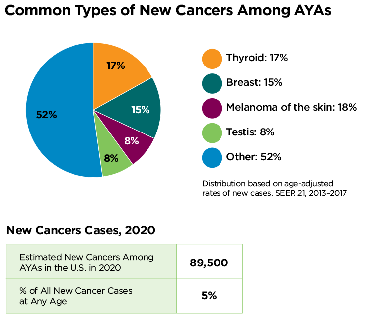 Common types of new cancers among AYAs. Distribution based on age-adjusted rates of new cases available in SEER 21, 2013-2017 report